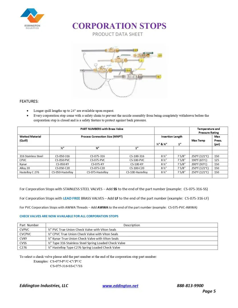 Corporation stop product data sheet