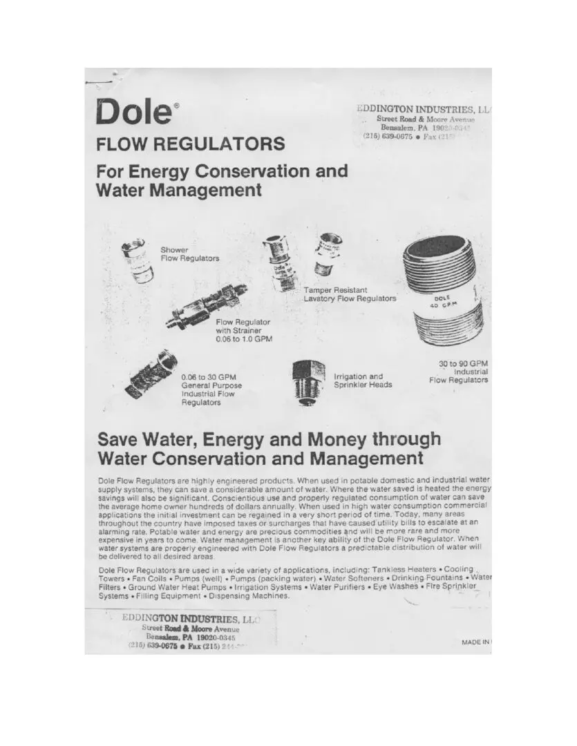 Dole Flow Regulator sheet with information