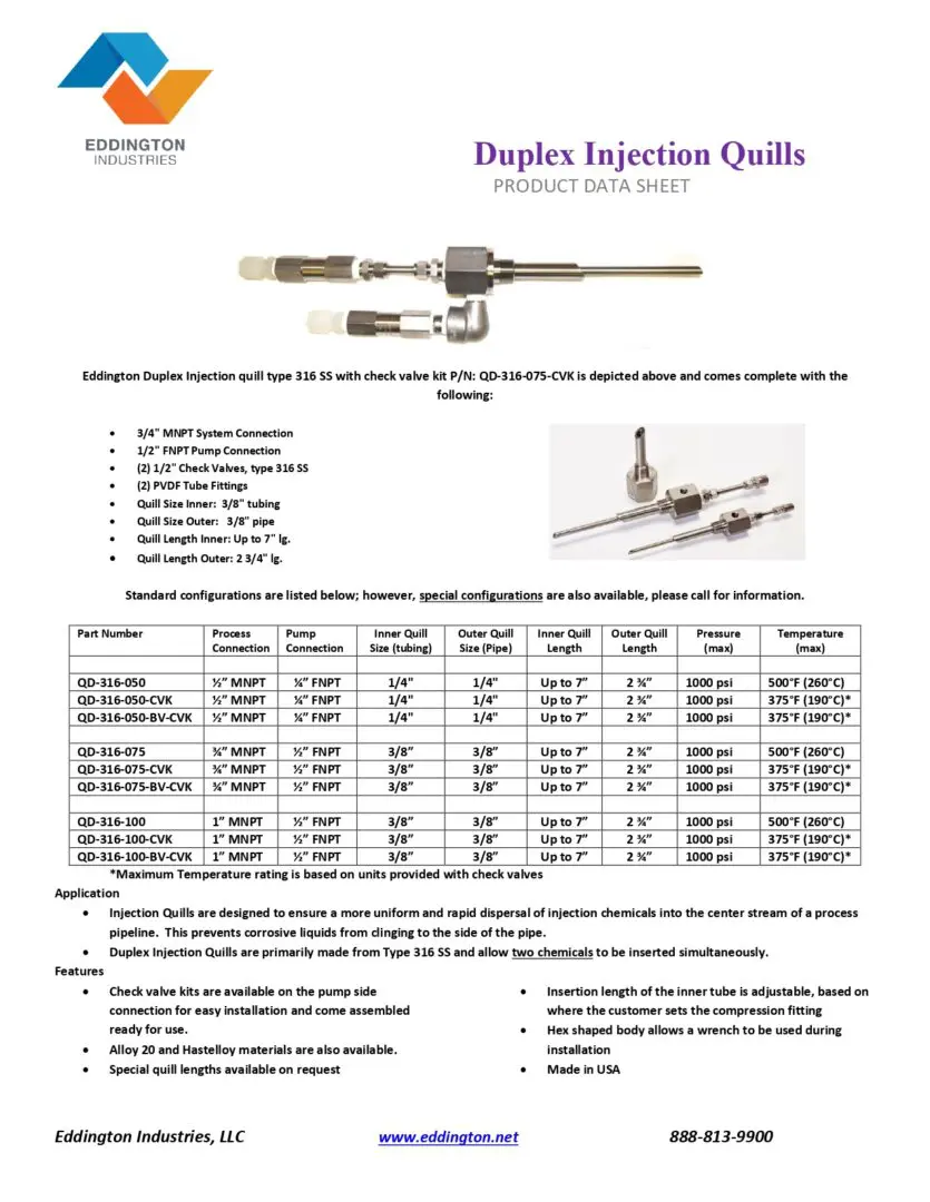 Duplex injection quills sample with information